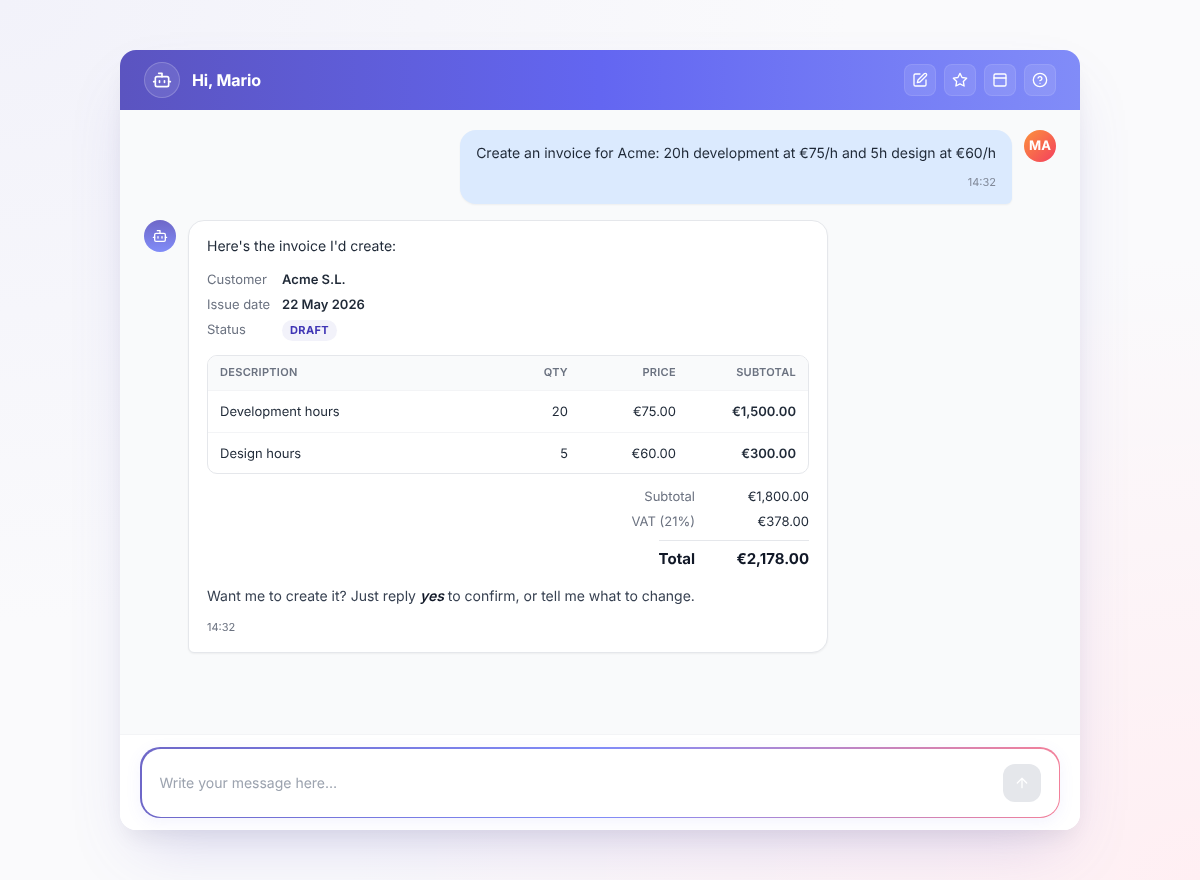Preview of an invoice inside the chat, with the confirm prompt